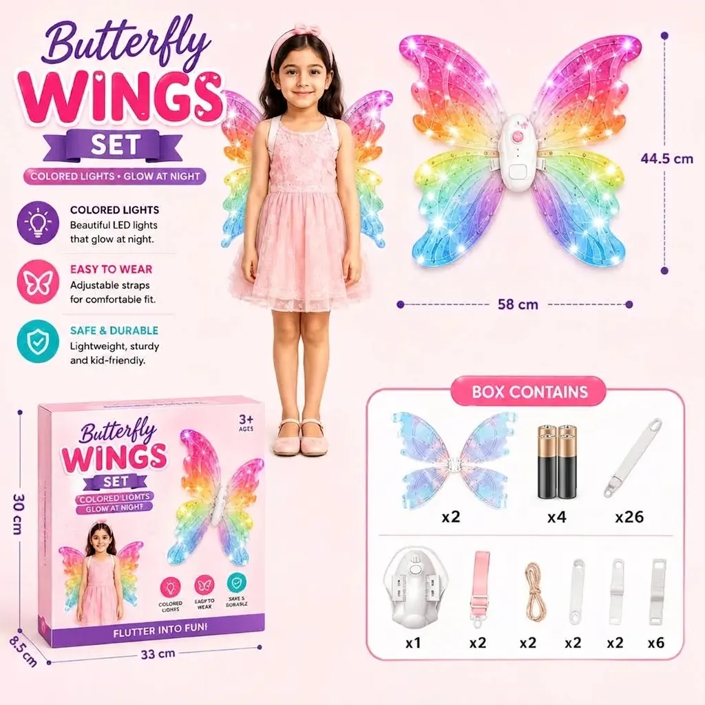 Butterfly Wings Set for Kids with Colorful LED Lights – Glow in the Dark Fairy Wings with Controller & Adjustable Straps
