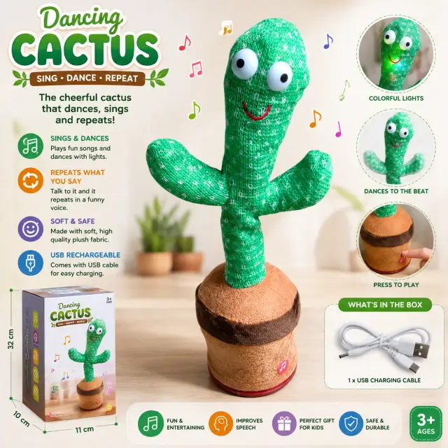 Dancing Cactus Plush Toy – Singing, Dancing & Talking Repeating Cactus with Colorful Lights