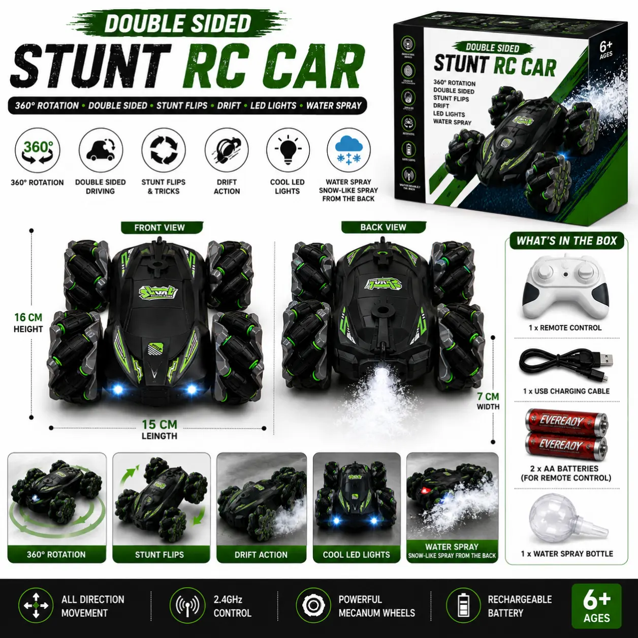 Remote Control Stunt Car with LED Lights & Snow Spray – 360° Rotating Double-Sided Drift Car